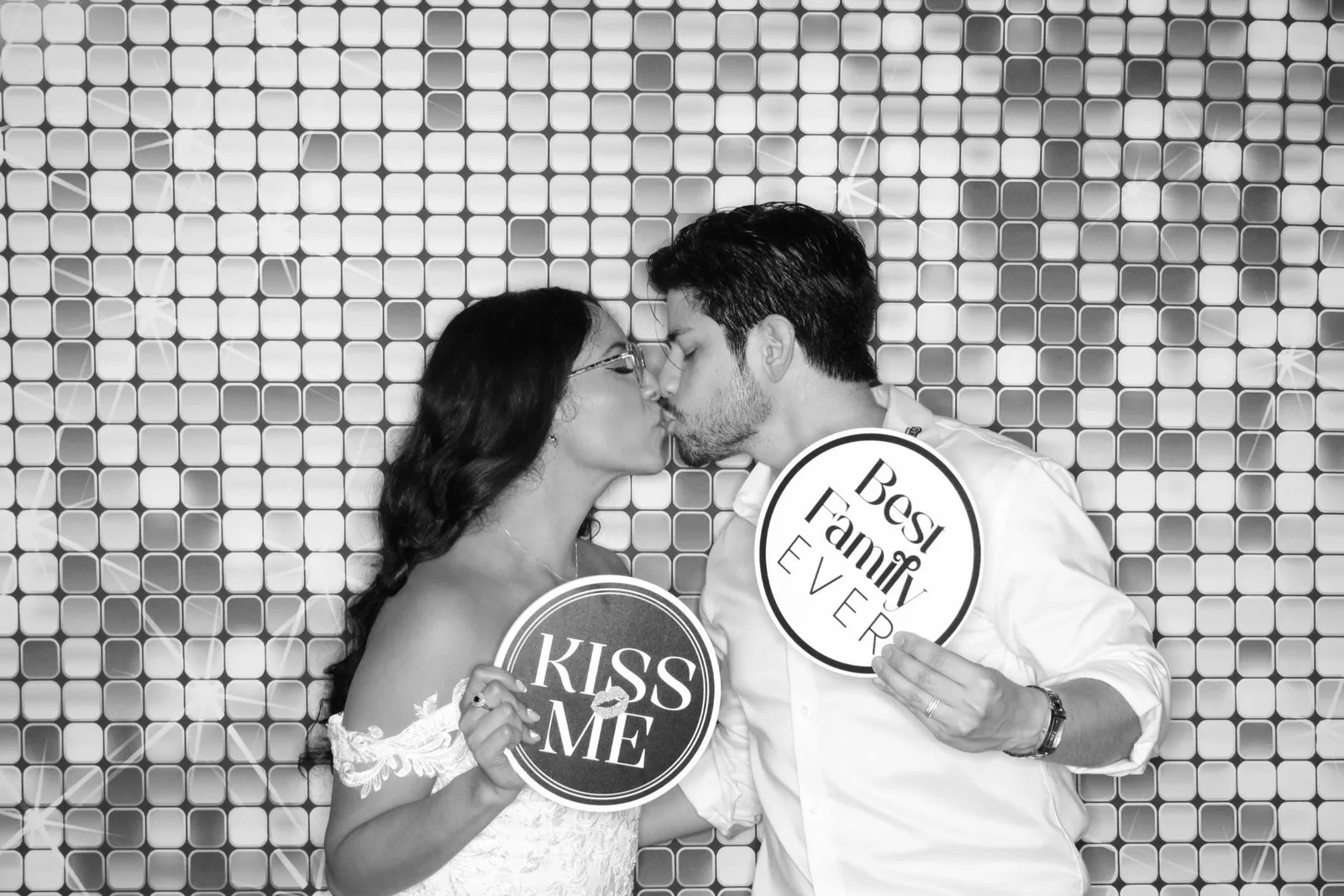 Black and white GLAM booth portrait of a couple at a wedding